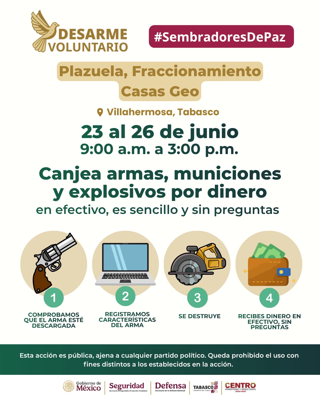 Instalarán Módulo de Desarme Voluntario en el municipio de Centro del 23 al 26 de junio