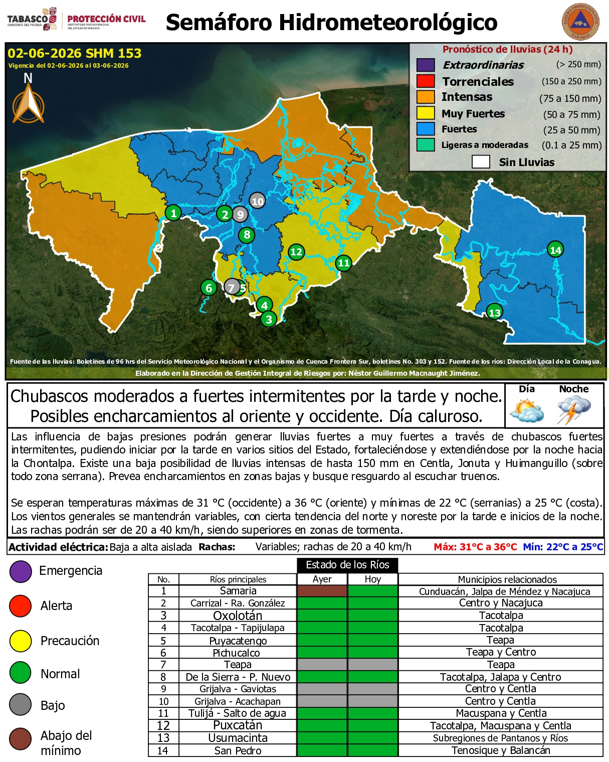 Prevén lluvias fuertes a muy fuertes en Tabasco; Protección Civil alerta por posibles acumulados de hasta 150 milímetros