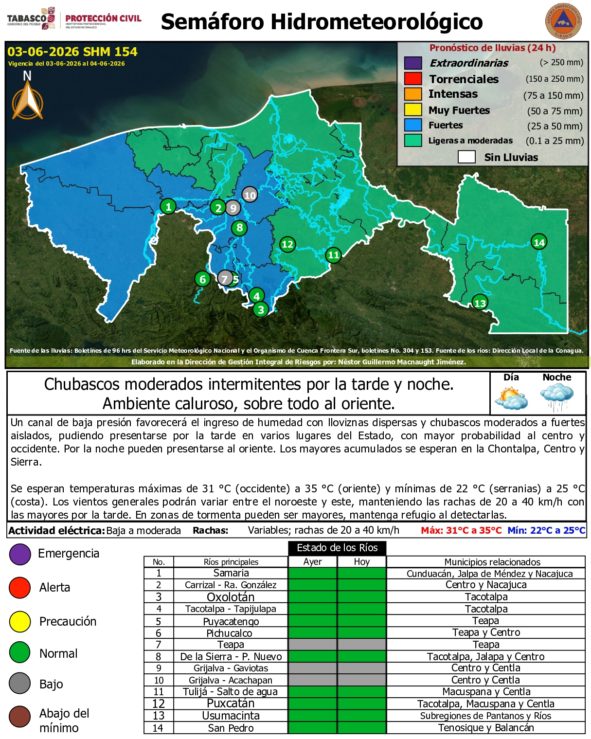 Prevén lluvias moderadas a fuertes en Tabasco por canal de baja presión