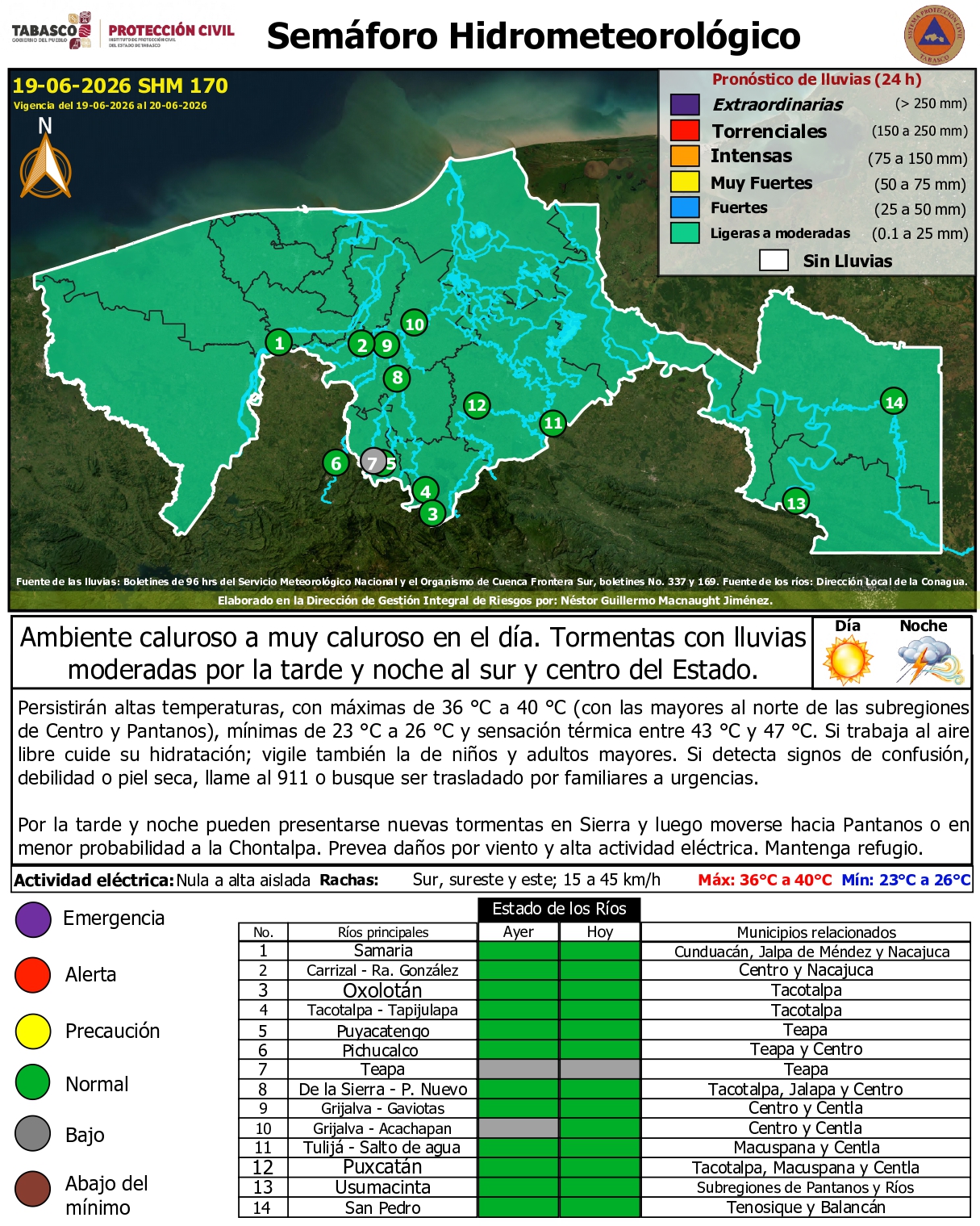 Alerta Protección Civil de Tabasco por altas temperaturas y posibles tormentas en diversas regiones