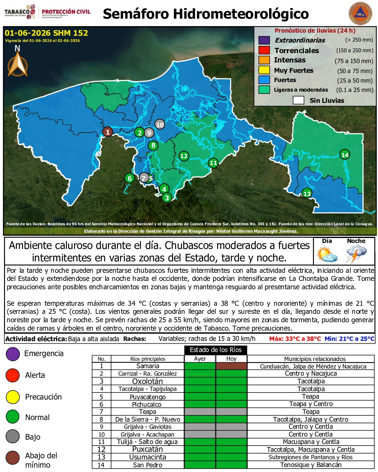 Protección Civil alerta por lluvias fuertes, tormentas eléctricas y rachas de viento en Tabasco