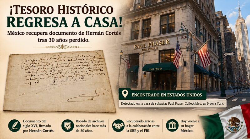 México recupera documento de 1527 firmado por Hernán Cortés que fue robado del Archivo General de la Nación