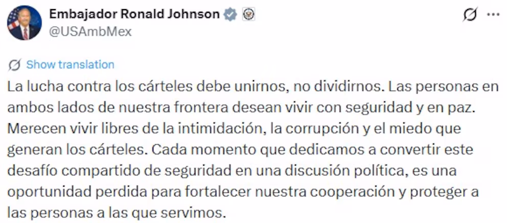 Sheinbaum pide a embajador de Estados Unidos respetar los asuntos internos de México