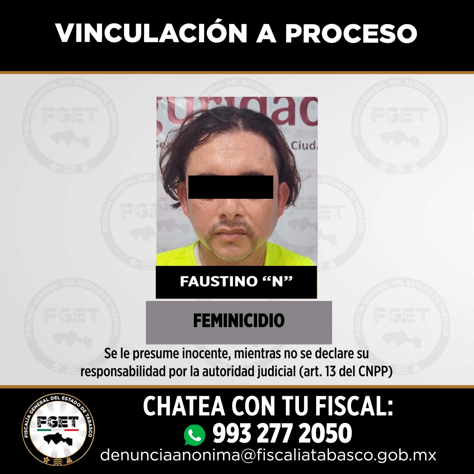 FGET logra sentencia de 20 años de prisión por homicidio y vinculación a proceso por feminicidio en Tabasco