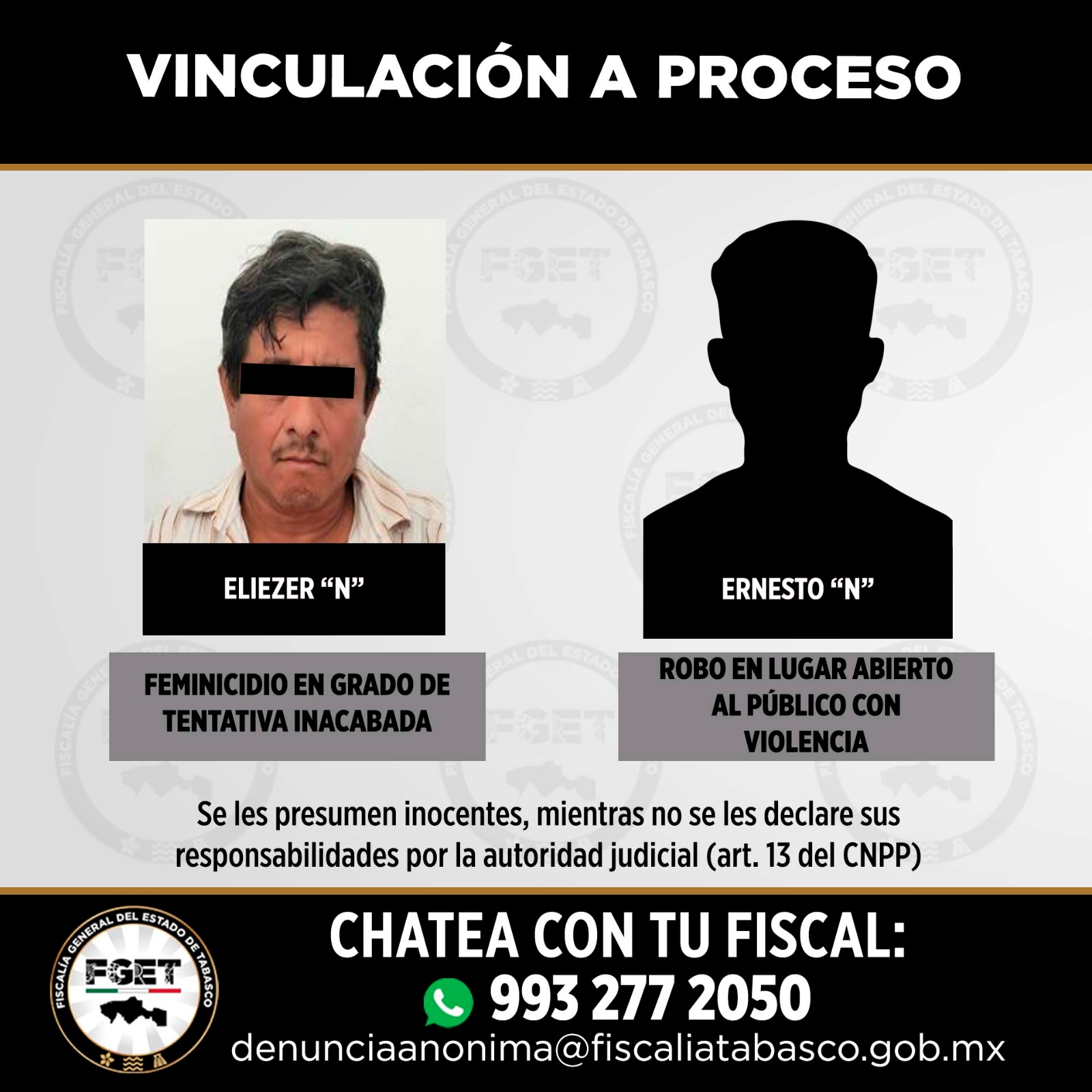 Obtiene Fiscalía de Tabasco vinculaciones a proceso por tentativa de feminicidio y robo con violencia