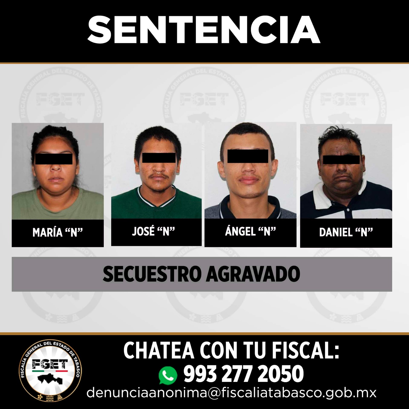 Condenan a 50 años de prisión a cuatro personas por secuestro agravado en Tabasco