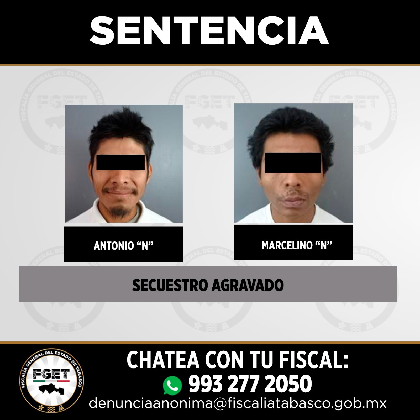 Sentencian a 50 años de prisión a dos responsables de secuestro agravado en Jalpa de Méndez