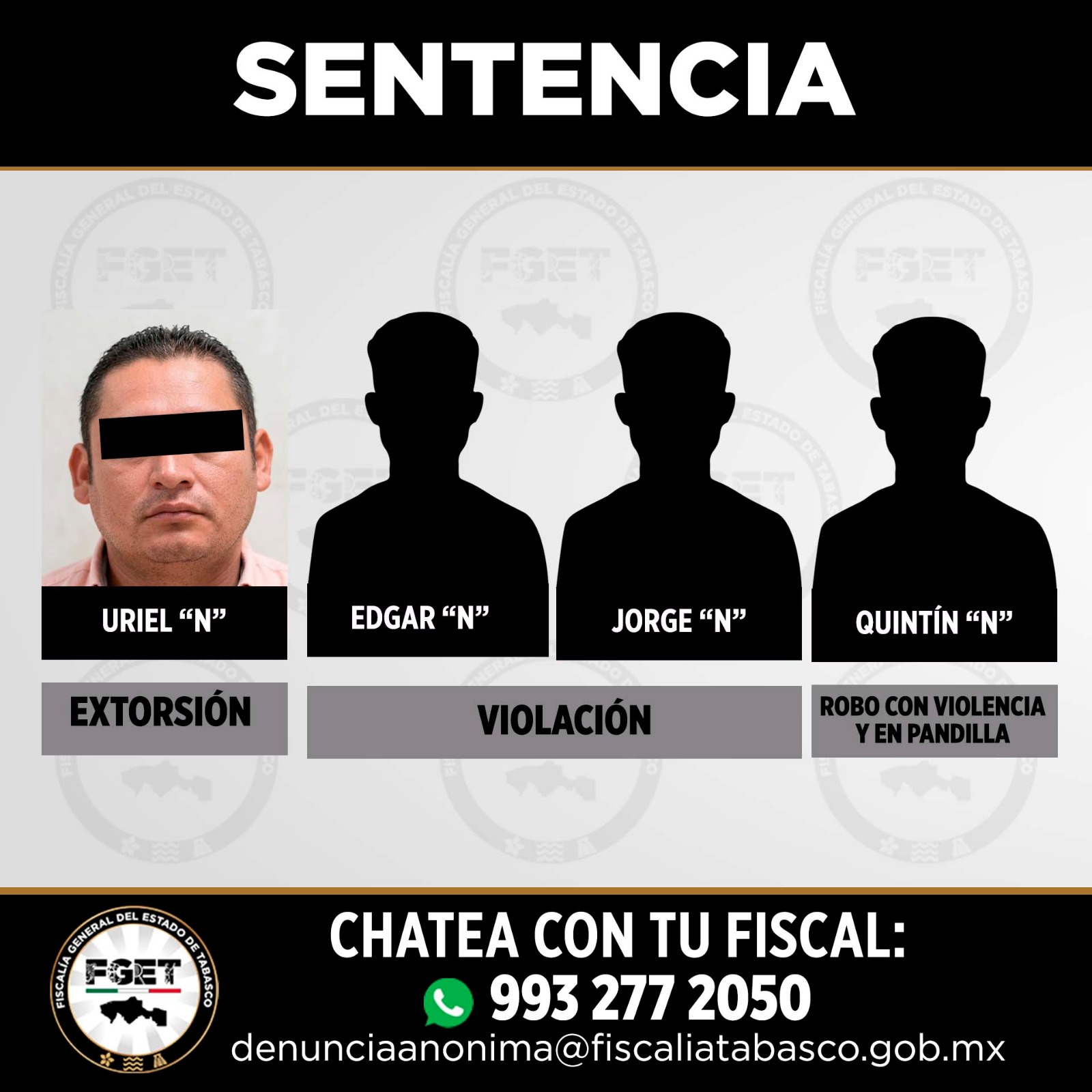 Fiscalía de Tabasco logra sentencias condenatorias por violación, robo con violencia y extorsión