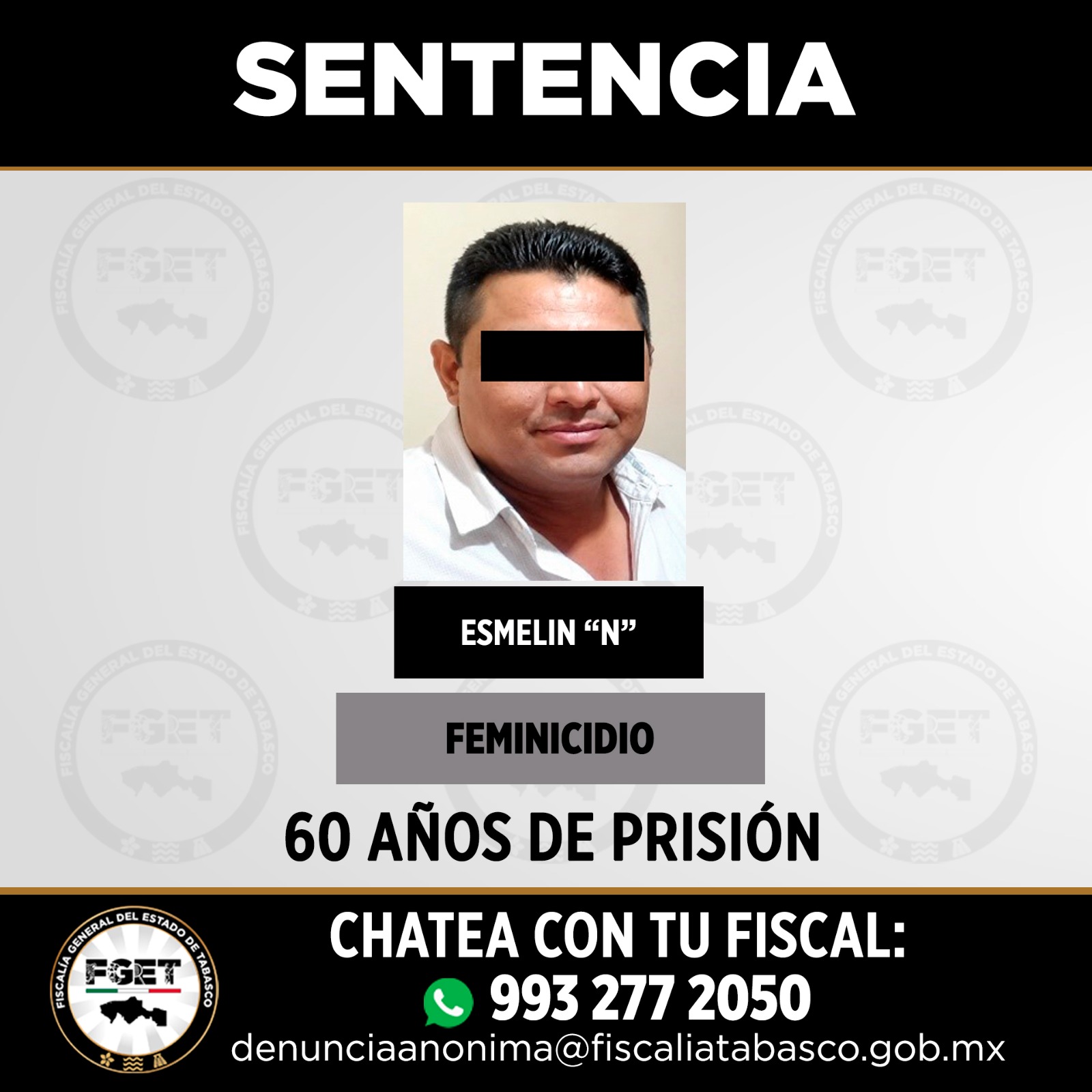 Dan 60 años de prisión a responsable de feminicidio en Macuspana; FGET logra pena máxima