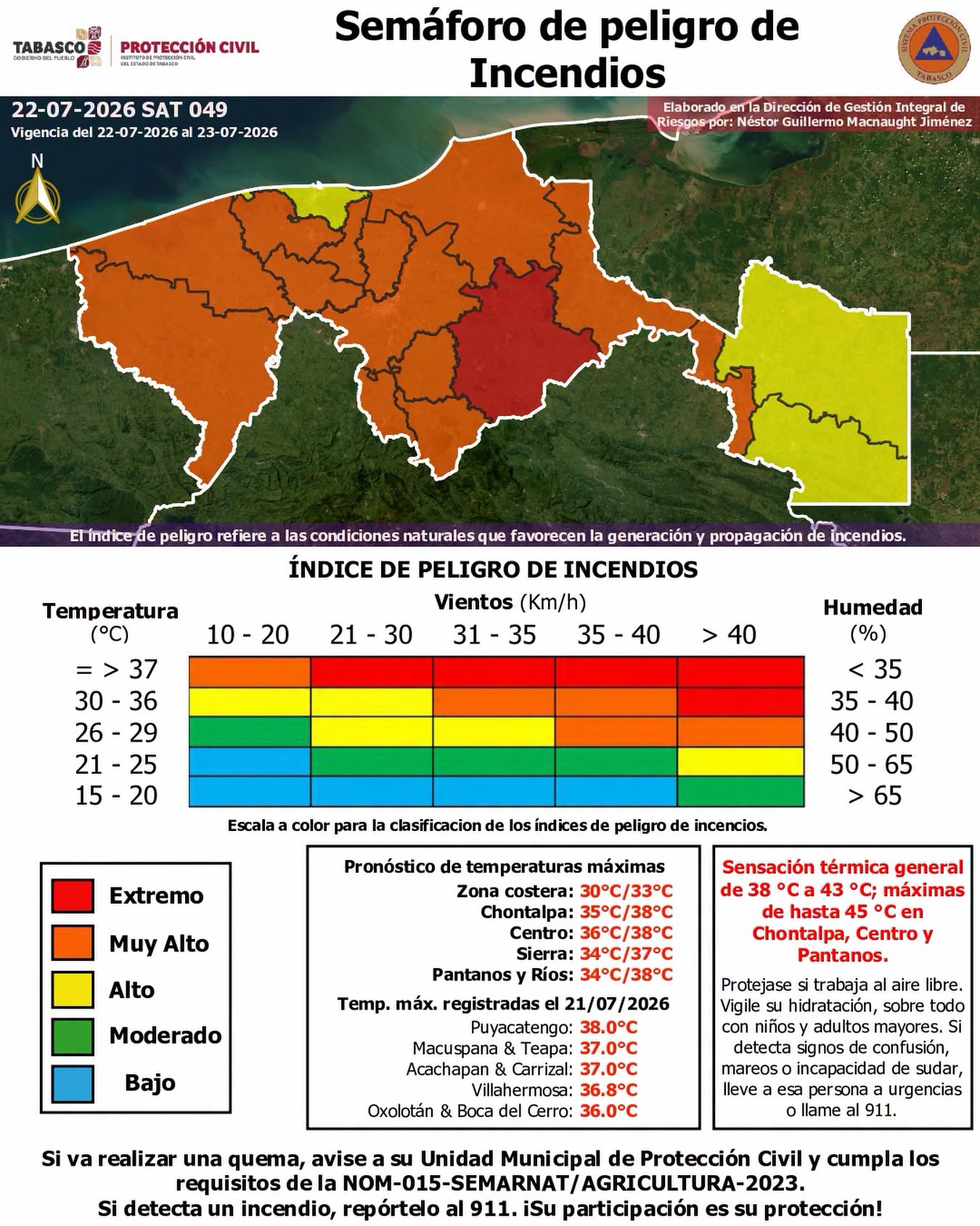 Protección Civil alerta por temperaturas de hasta 39 °C y alto riesgo de incendios en Tabasco
