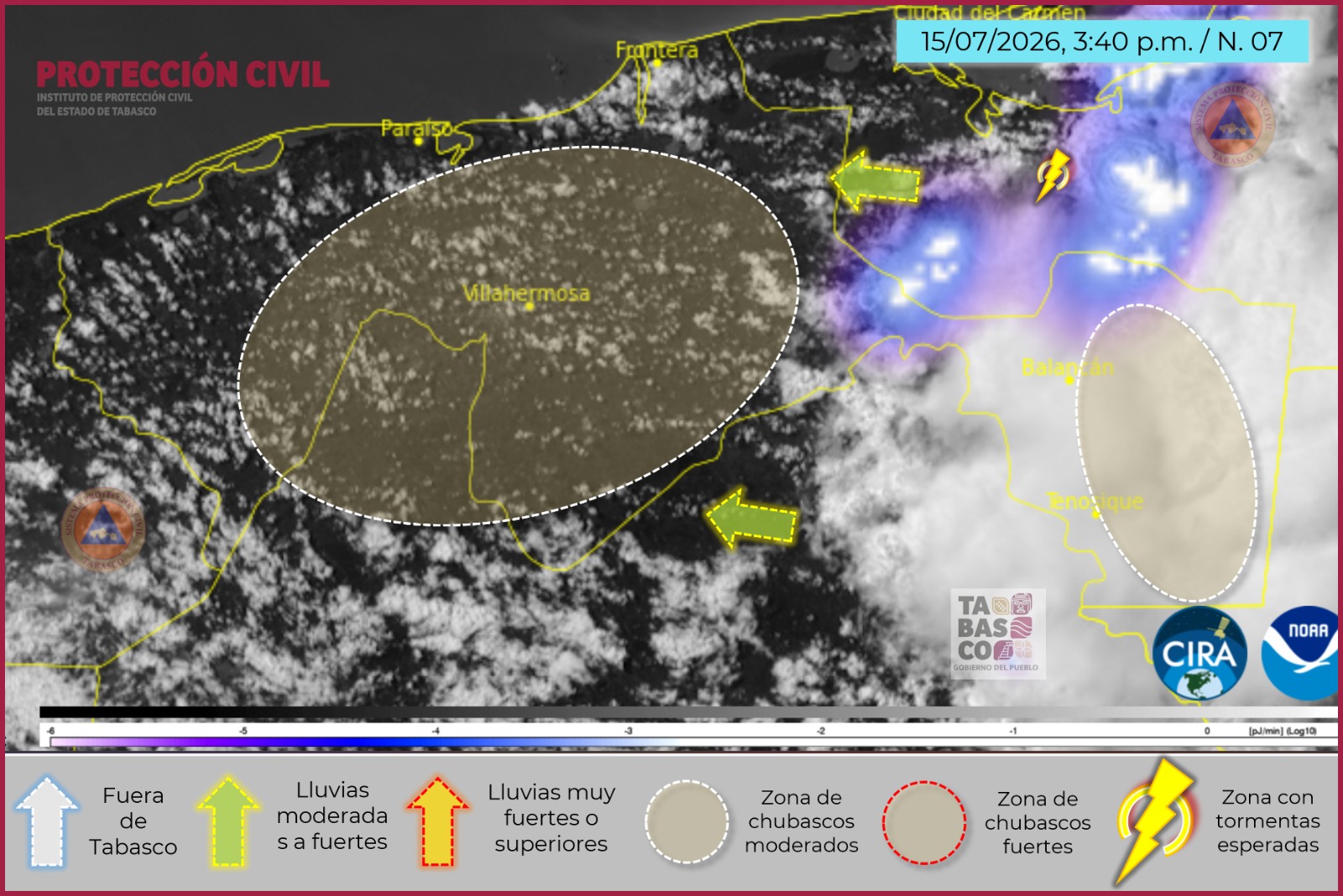 IPCET alerta por rachas de viento de hasta 60 km/h y chubascos en diversas regiones de Tabasco