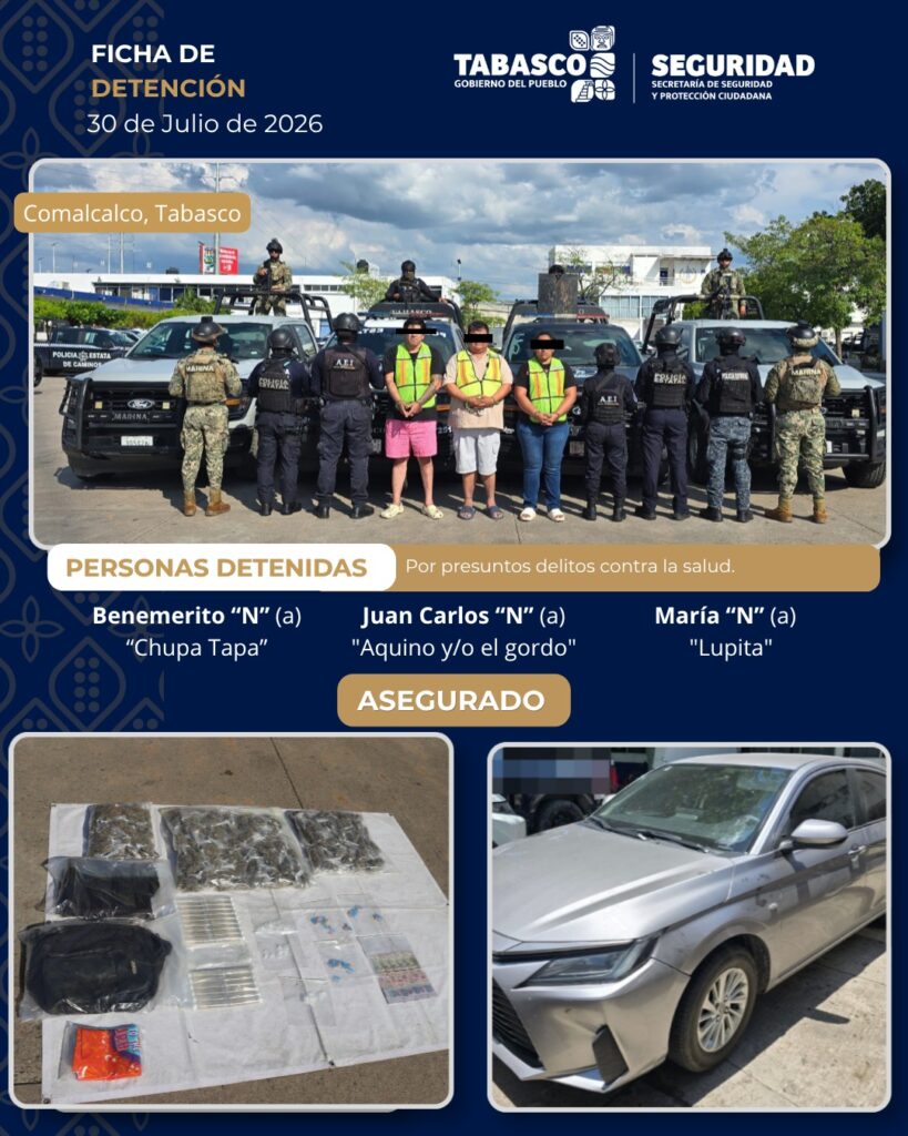 Detienen a tres presuntos narcomenudistas en Comalcalco; aseguran drogas y un vehículo