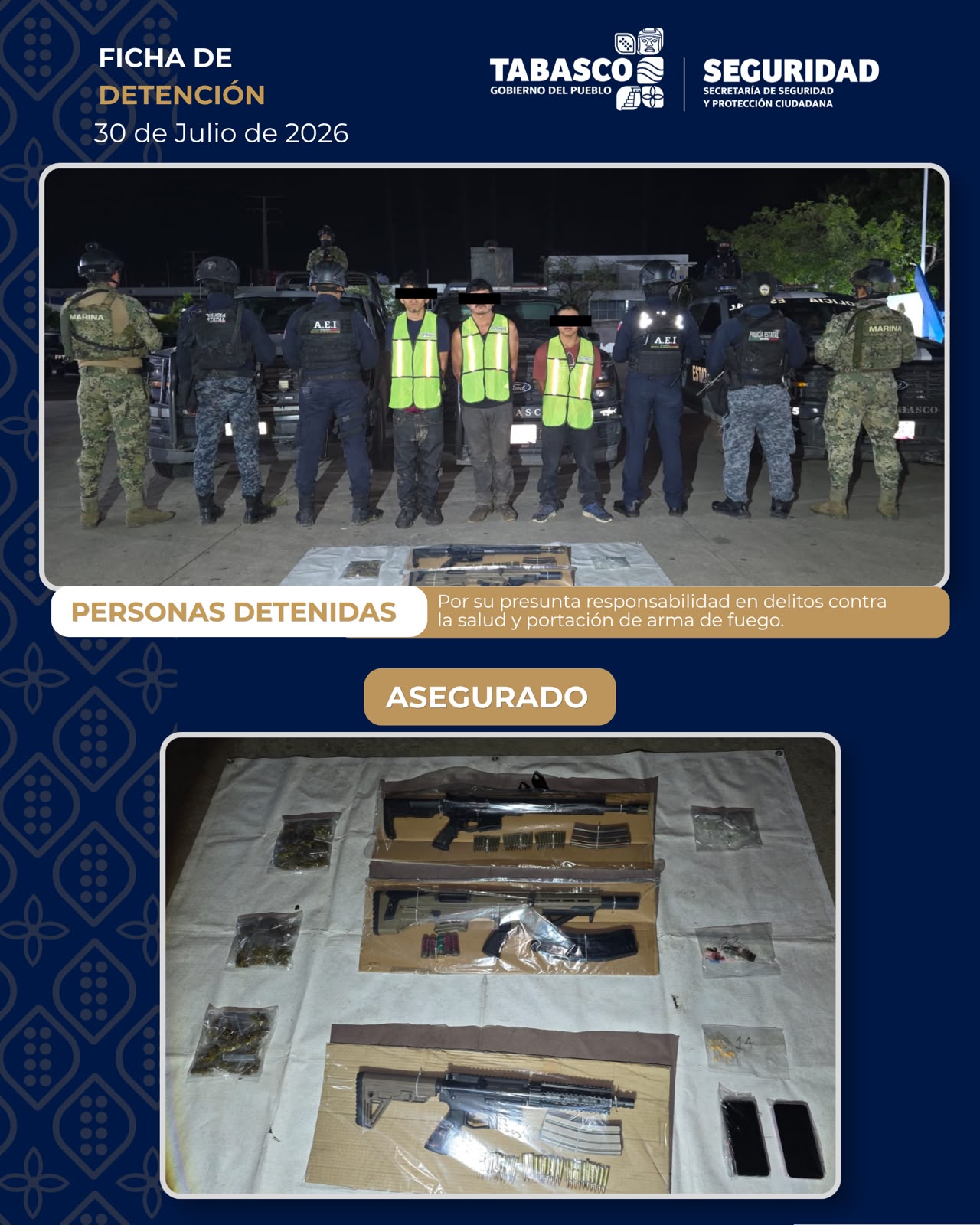 Caen tres presuntos generadores de violencia en Jonuta; les aseguran armas de alto poder y droga