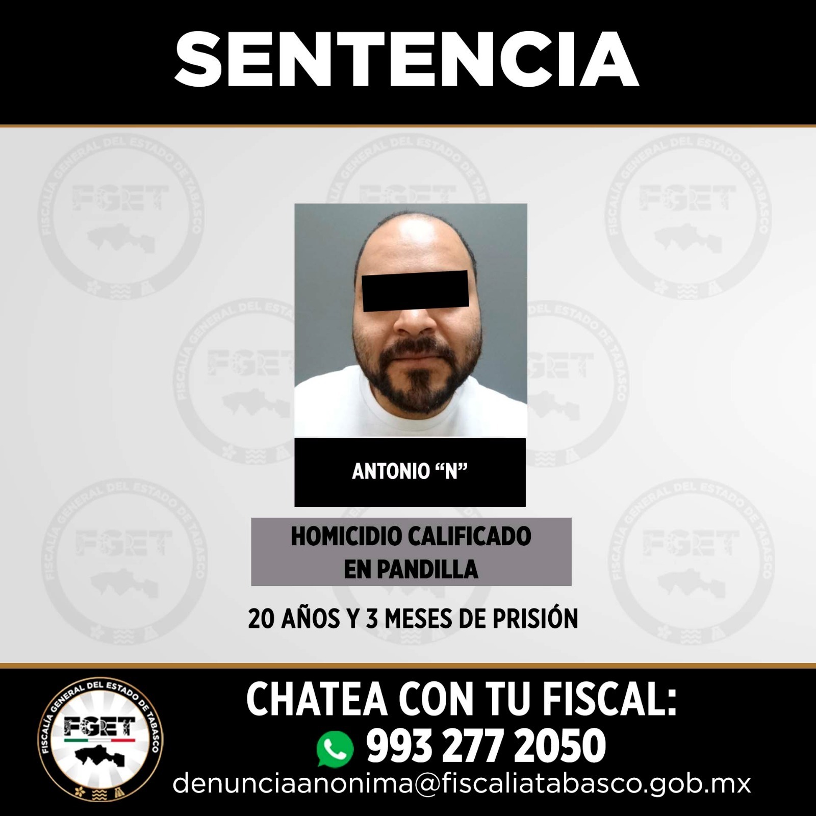 FGET obtiene sentencias condenatorias por homicidios cometidos en el municipio de Centro