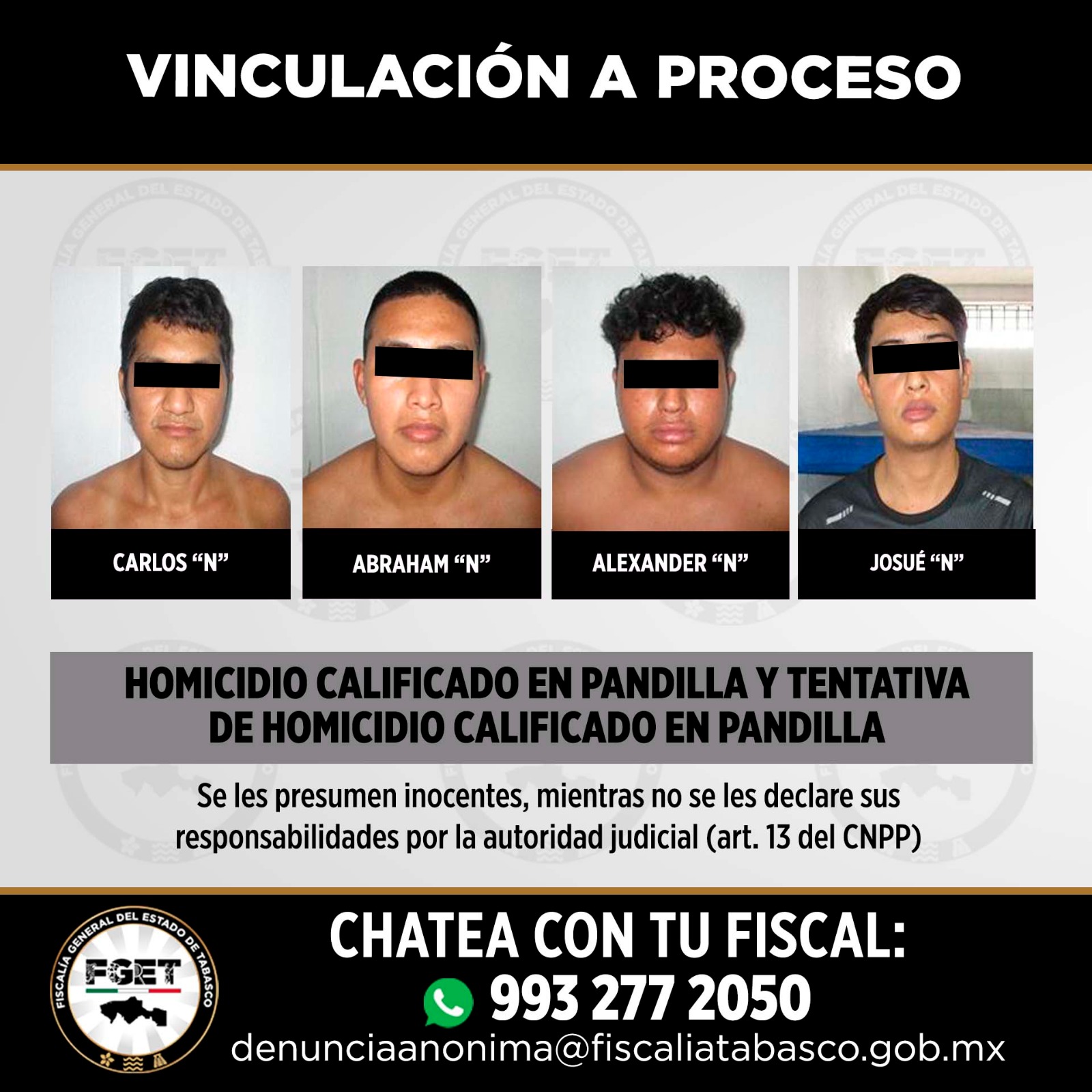 Vinculan a proceso a cuatro presuntos responsables por homicidio y tentativa de homicidio contra tres mujeres en Macuspana