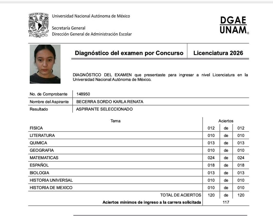 Tabasqueña logra puntaje perfecto en examen de la UNAM e ingresa a Medicina en su primer intento