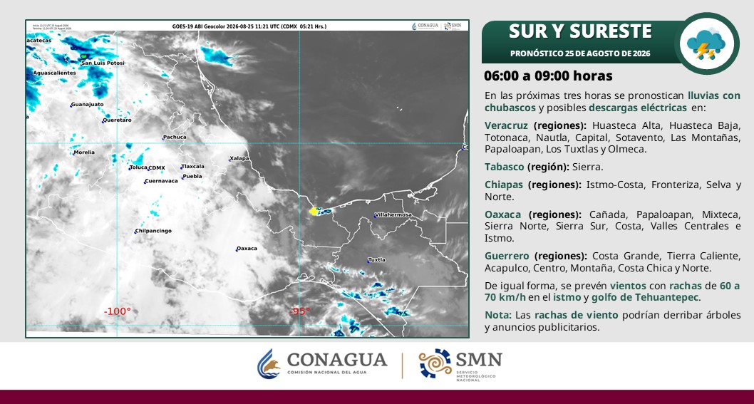 Calor de hasta 39 °C y lluvias fuertes marcarán este martes en Tabasco