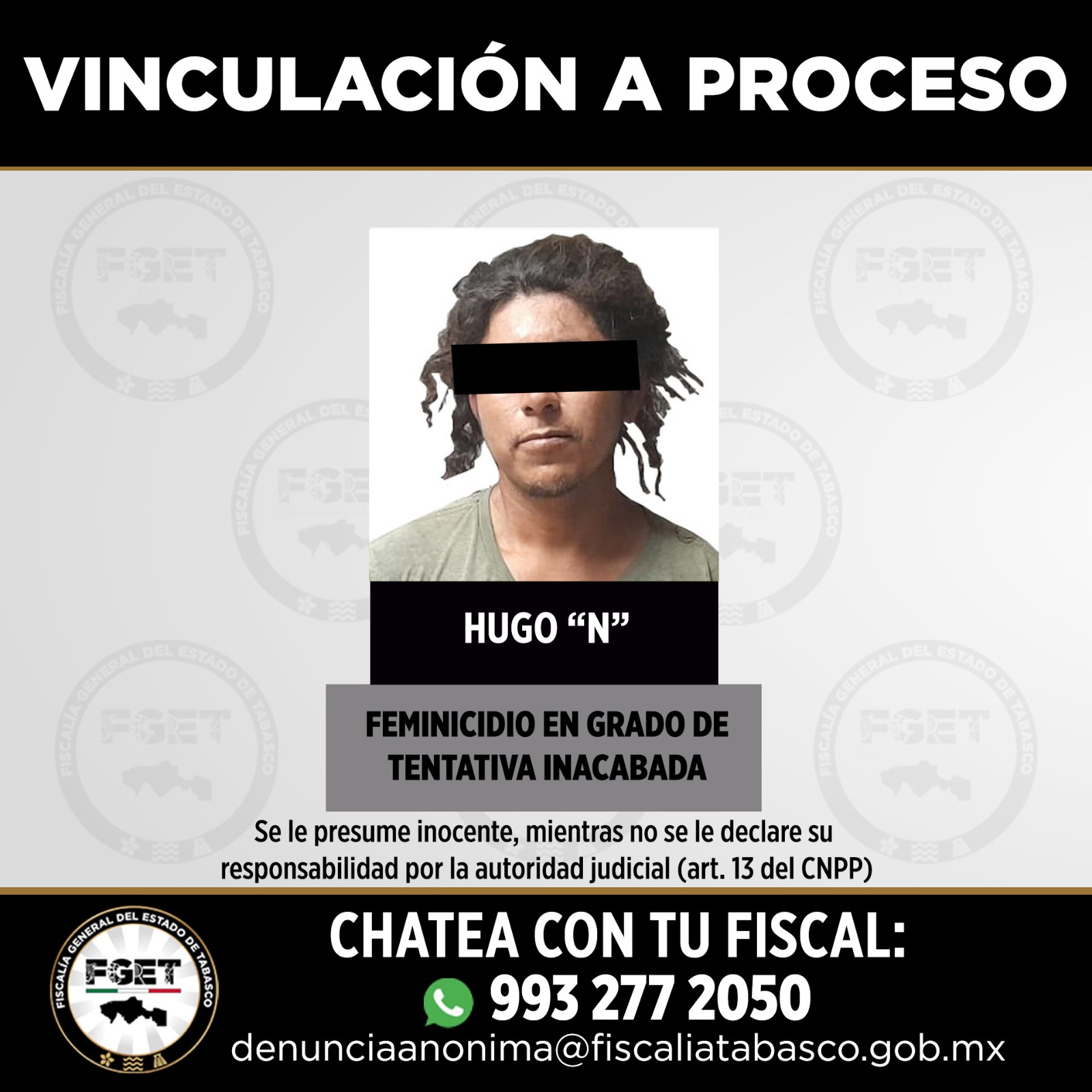 Fiscalía de Tabasco busca vincular a proceso a hombre por tentativa de feminicidio
