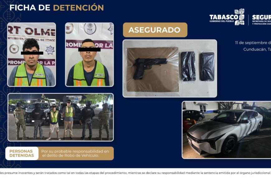 Detienen a dos hombres por presunto robo de vehículo en Cunduacán