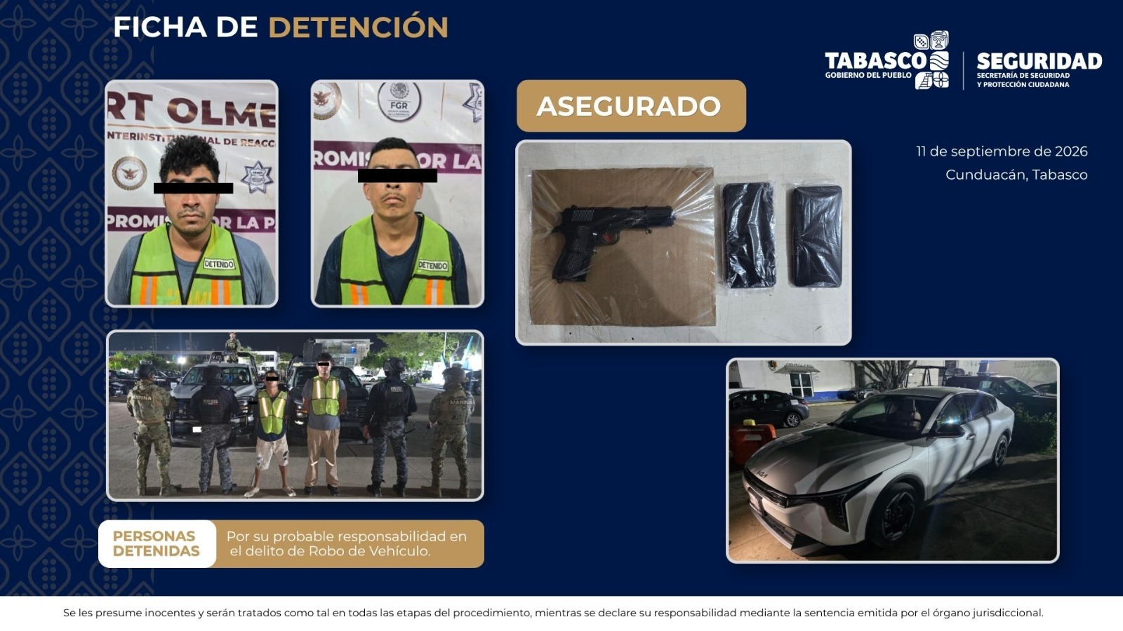 Detienen a dos hombres por presunto robo de vehículo en Cunduacán