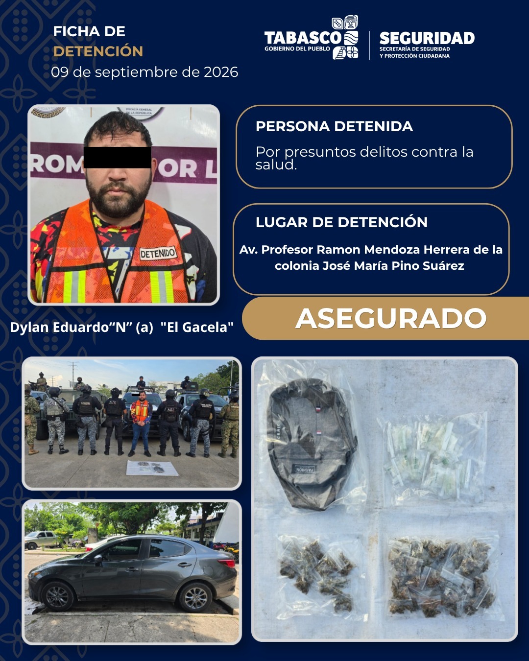 Detienen a ‘El Gacela’ con presunta droga en Pino Suárez