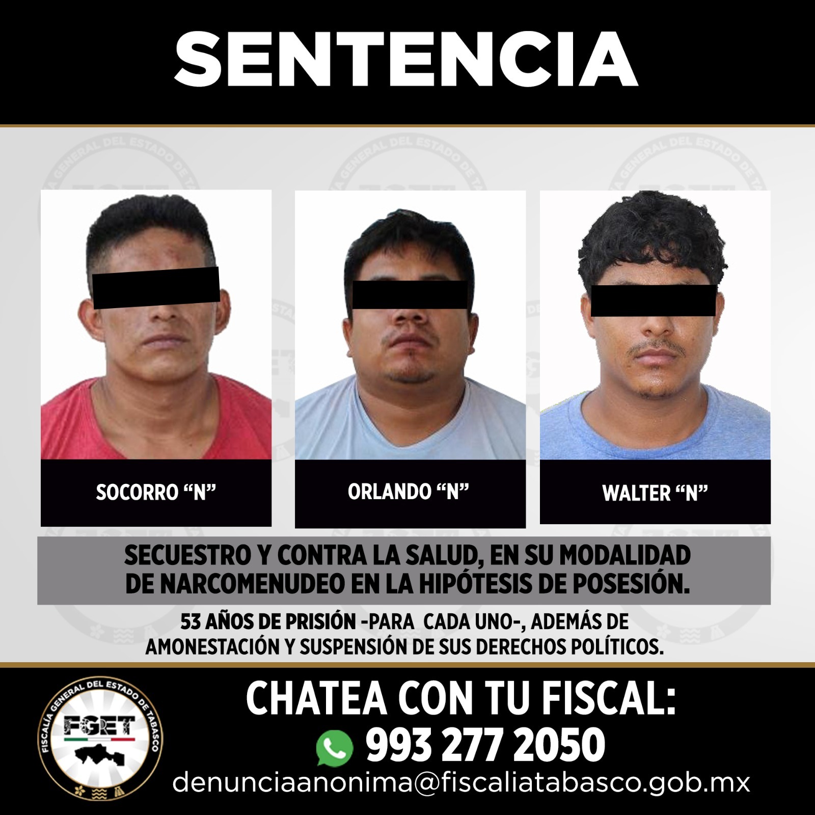 Condenan a 53 años de prisión a tres personas por secuestro y narcomenudeo en Tabasco