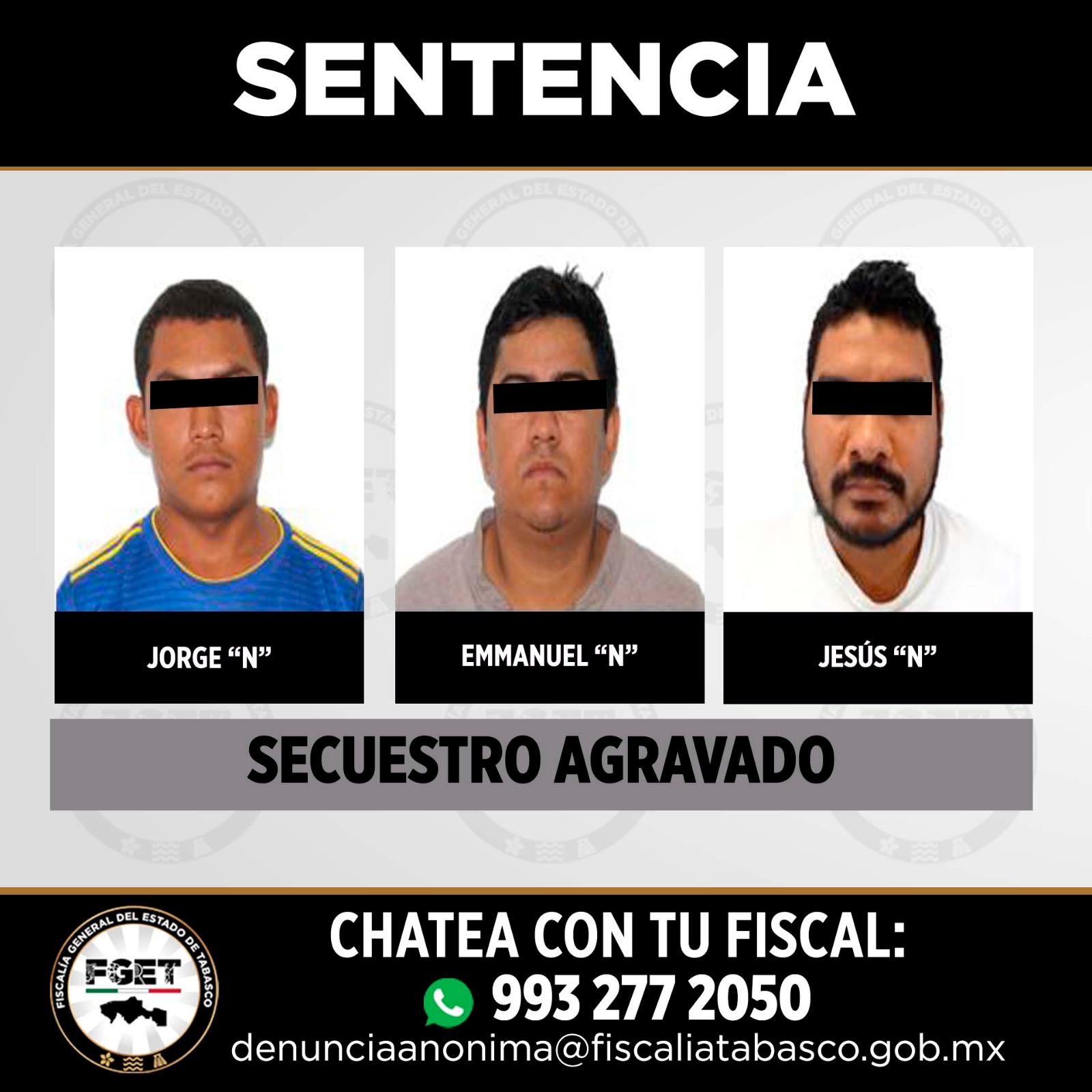 Sentencian a 50 años de prisión a cinco personas por secuestro agravado en Tabasco