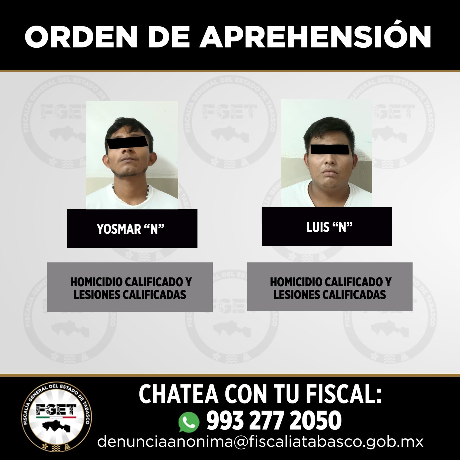 FGET obtiene vinculación a proceso contra dos imputados y cumple órdenes de aprehensión por homicidio en Tabasco