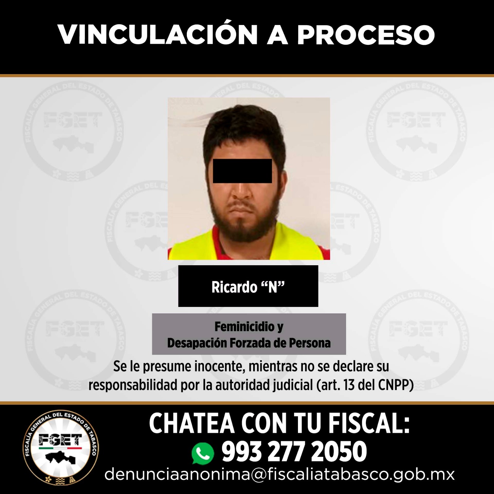 Vinculan a proceso a Ricardo “N” por feminicidio y desaparición forzada en Paraíso