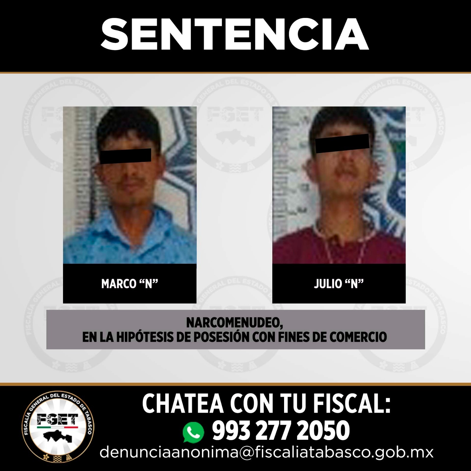 Obtiene FGET sentencia de tres años de prisión contra dos hombres por narcomenudeo en Comalcalco