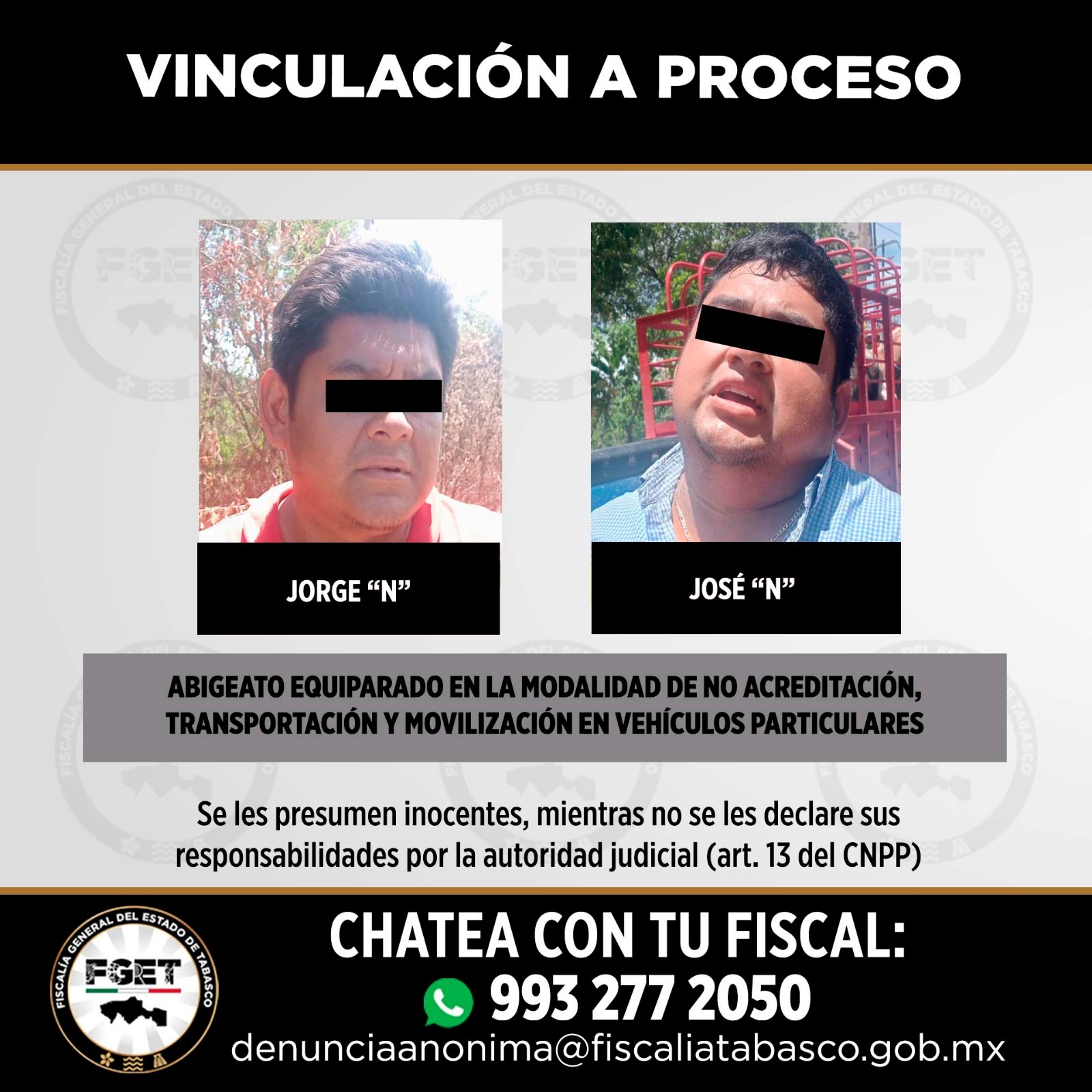 Vinculan a proceso a tres imputados por homicidio y abigeato en Tabasco