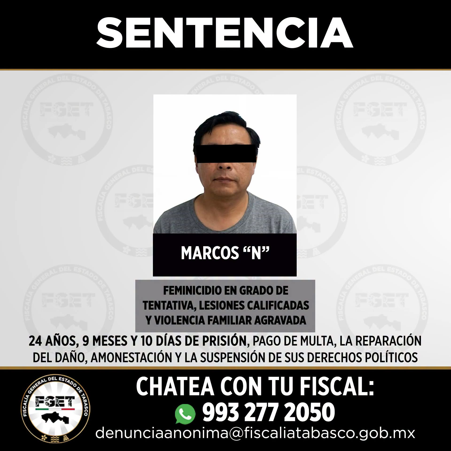 Dictan casi 25 años de prisión a Marcos “N” por tentativa de feminicidio en Huimanguillo