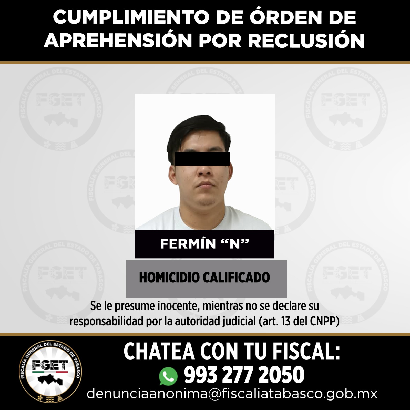 Cumplimentan orden de aprehensión contra presunto implicado en triple homicidio en Centro