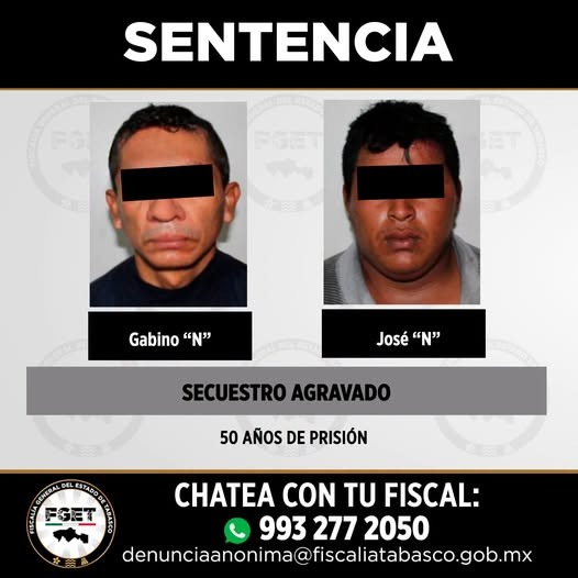 Dictan 50 años de prisión a dos hombres por secuestro agravado en Tabasco