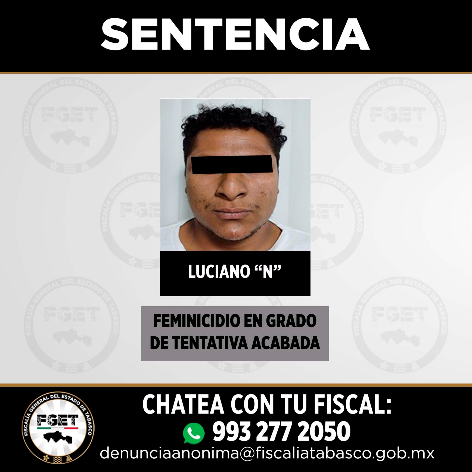 Condenan a 53 años de prisión a Luciano “N” por feminicidio en grado de tentativa en Tabasco