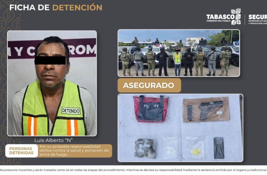 Detienen a hombre armado y con presuntas drogas en Centro