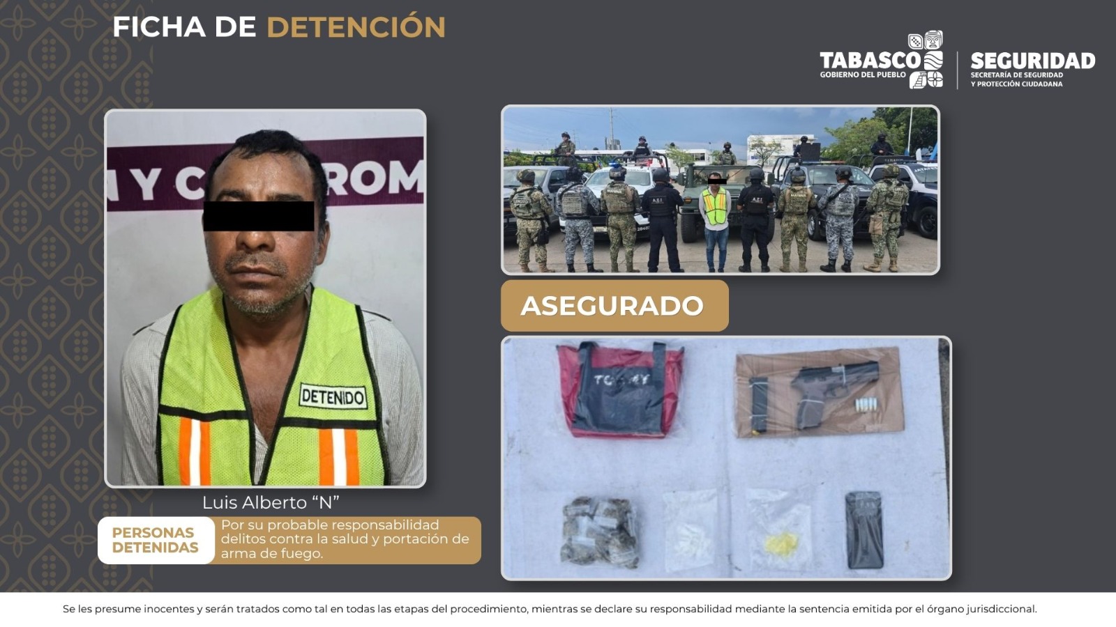 Detienen a hombre armado y con presuntas drogas en Centro