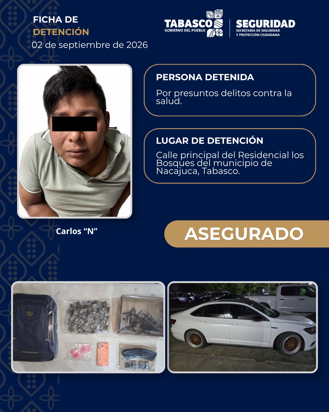 Detienen a presunto integrante de grupo delictivo con droga y cartuchos en Nacajuca