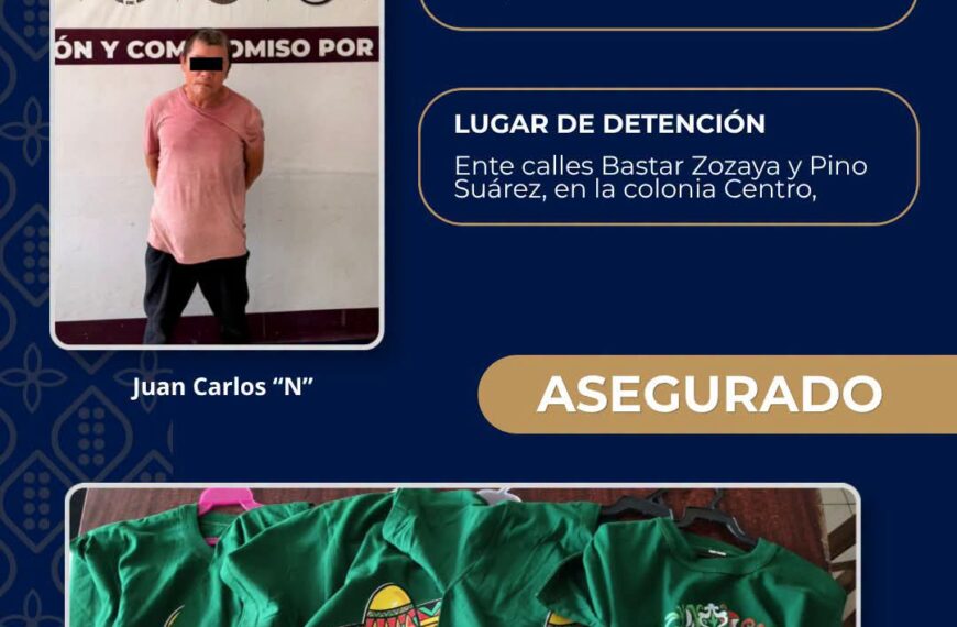 Detienen a hombre con cinco playeras presuntamente robadas en el Centro de Villahermosa