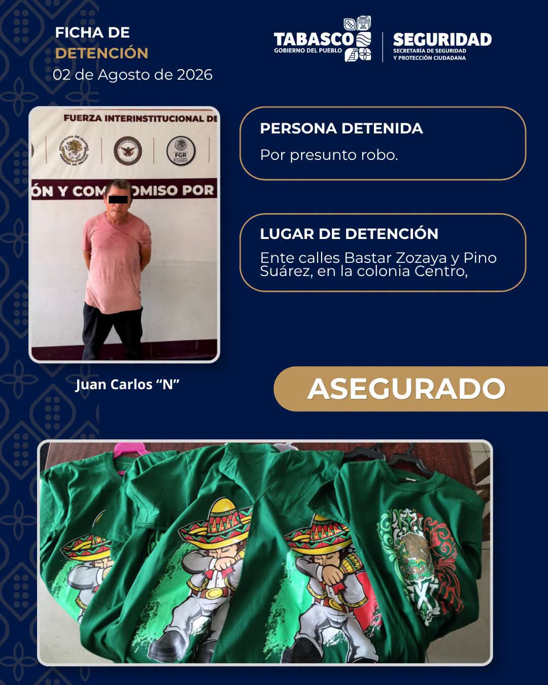 Detienen a hombre con cinco playeras presuntamente robadas en el Centro de Villahermosa