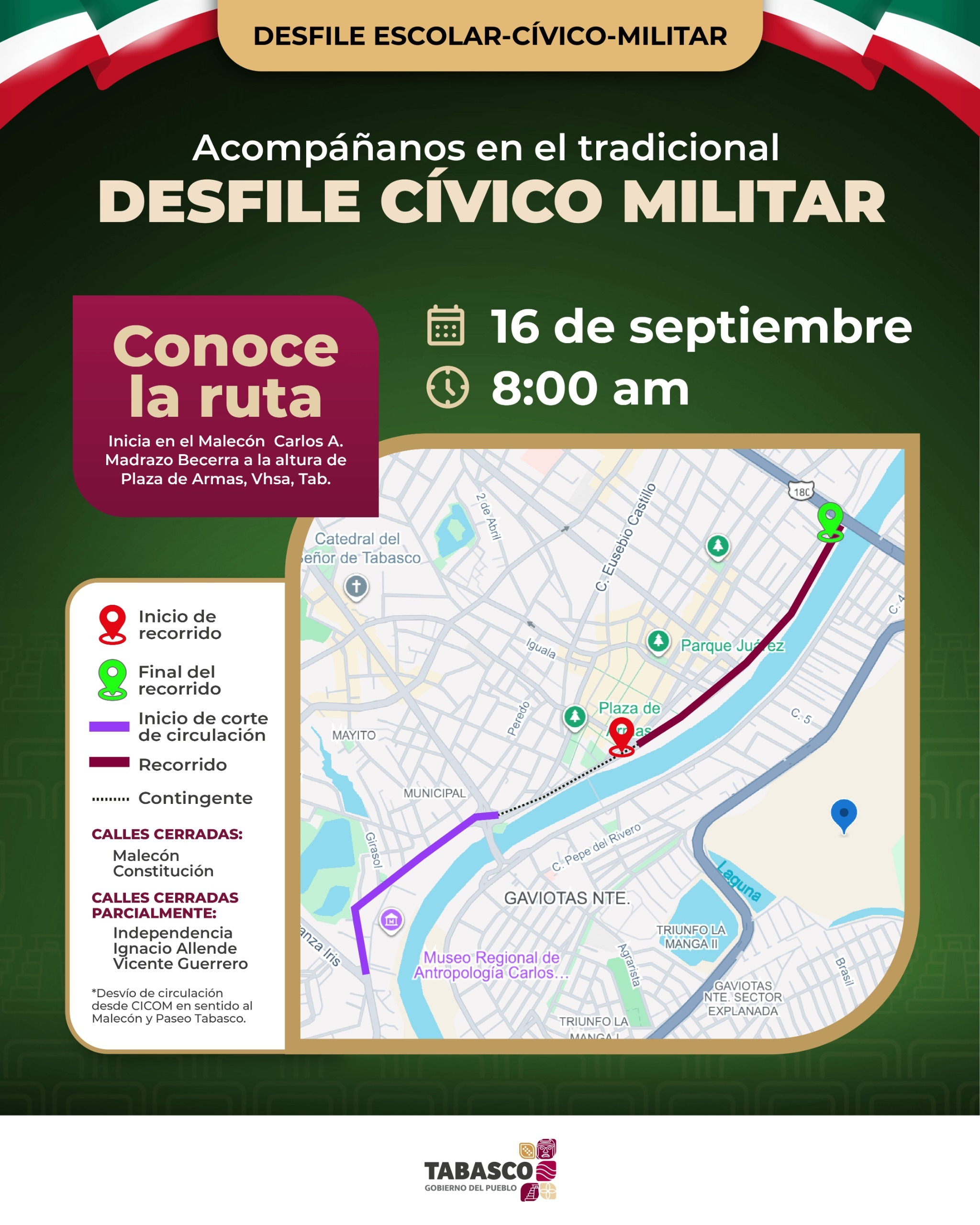 Anuncian cierres viales por el Desfile de Independencia en Villahermosa