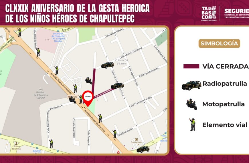 Implementarán operativo vial por ceremonia de los Niños Héroes en Villahermosa