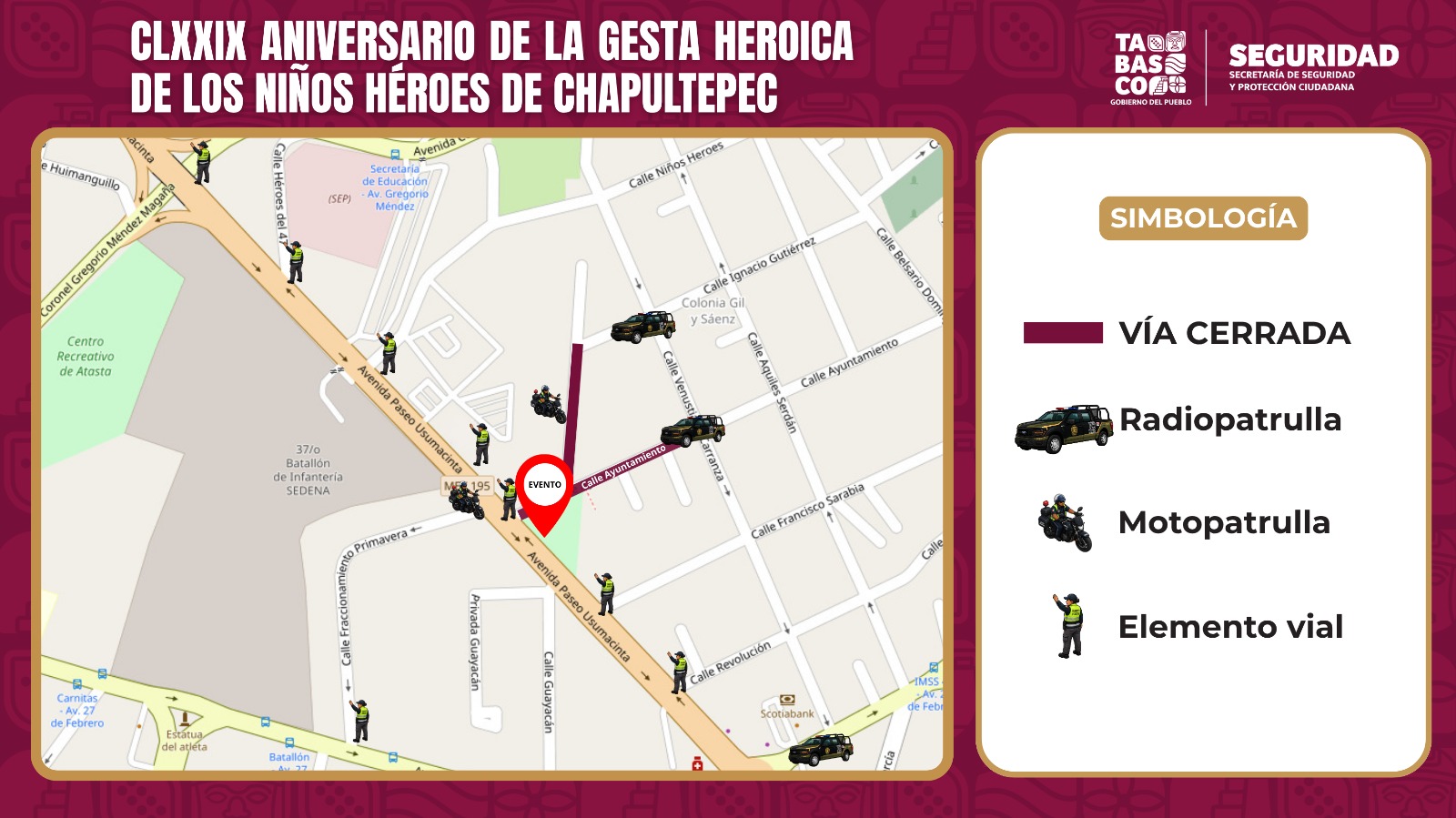 Implementarán operativo vial por ceremonia de los Niños Héroes en Villahermosa