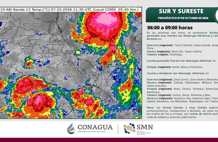 Tabasco espera lluvias muy fuertes y actividad eléctrica este miércoles