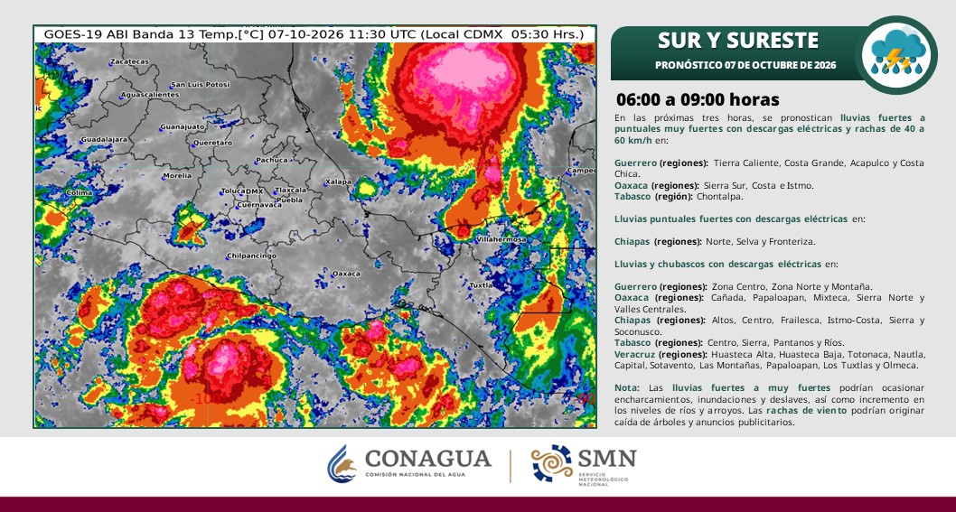 Tabasco espera lluvias muy fuertes y actividad eléctrica este miércoles