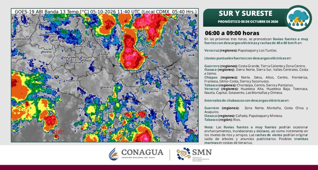 Frente frío y zona de baja presión mantienen a Tabasco bajo riesgo de lluvias intensas