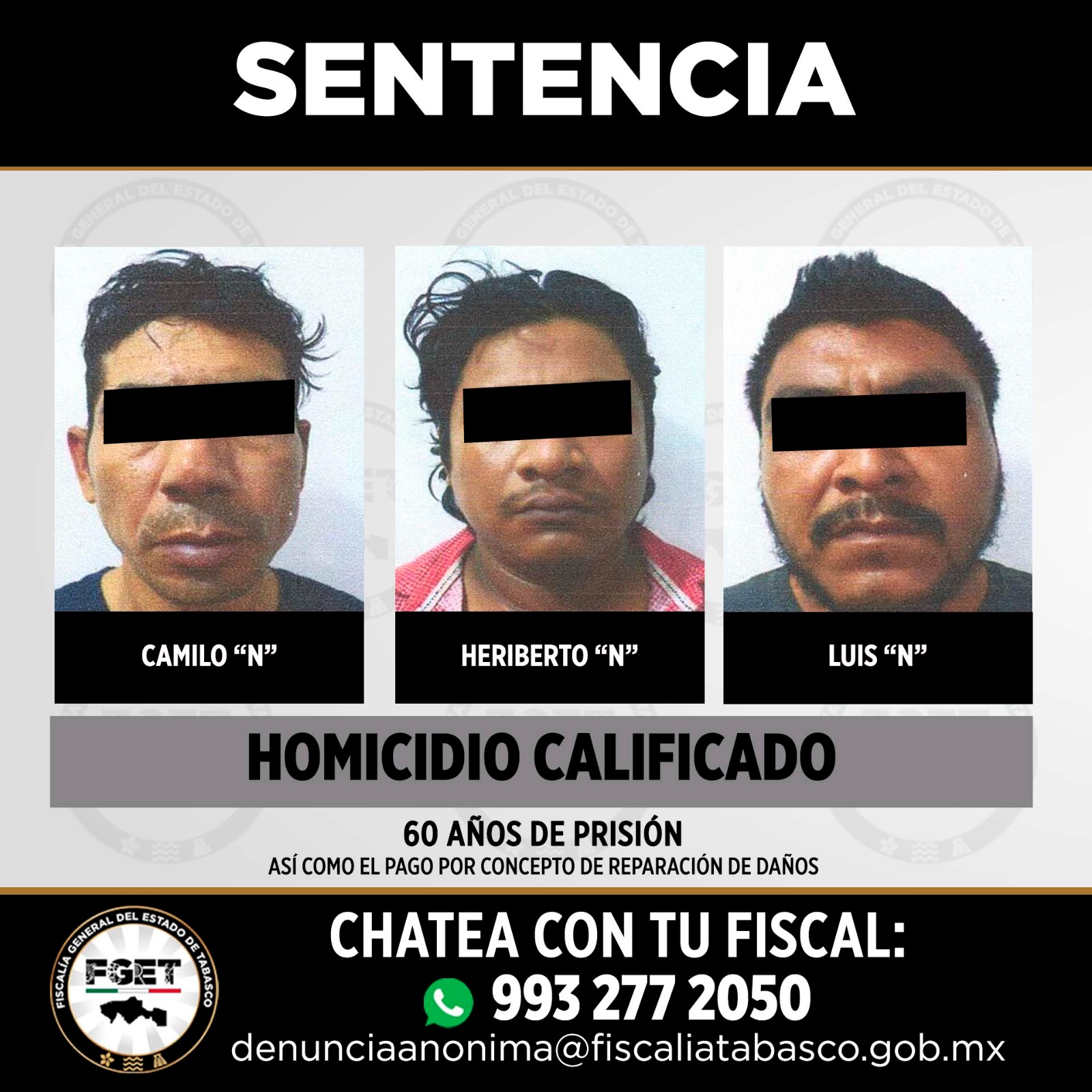 Condenan a 60 años de prisión a tres homicidas en Tabasco