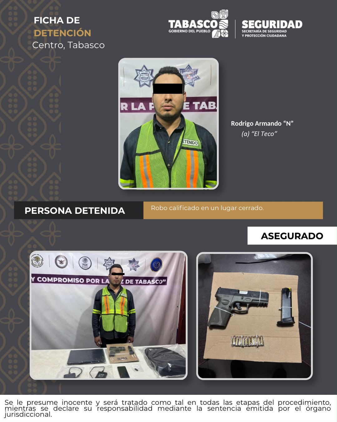 Detienen a “El Teco” por robo calificado en Centro