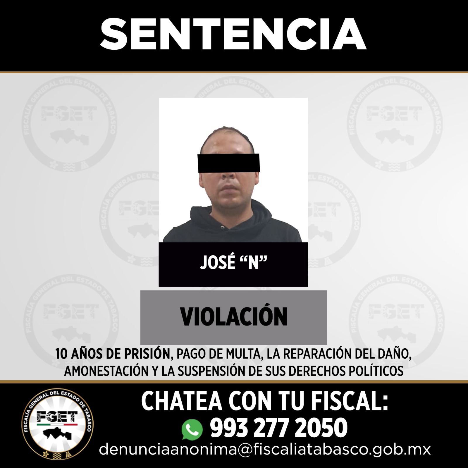 FGET obtiene tres sentencias condenatorias por violación y narcomenudeo en Tabasco