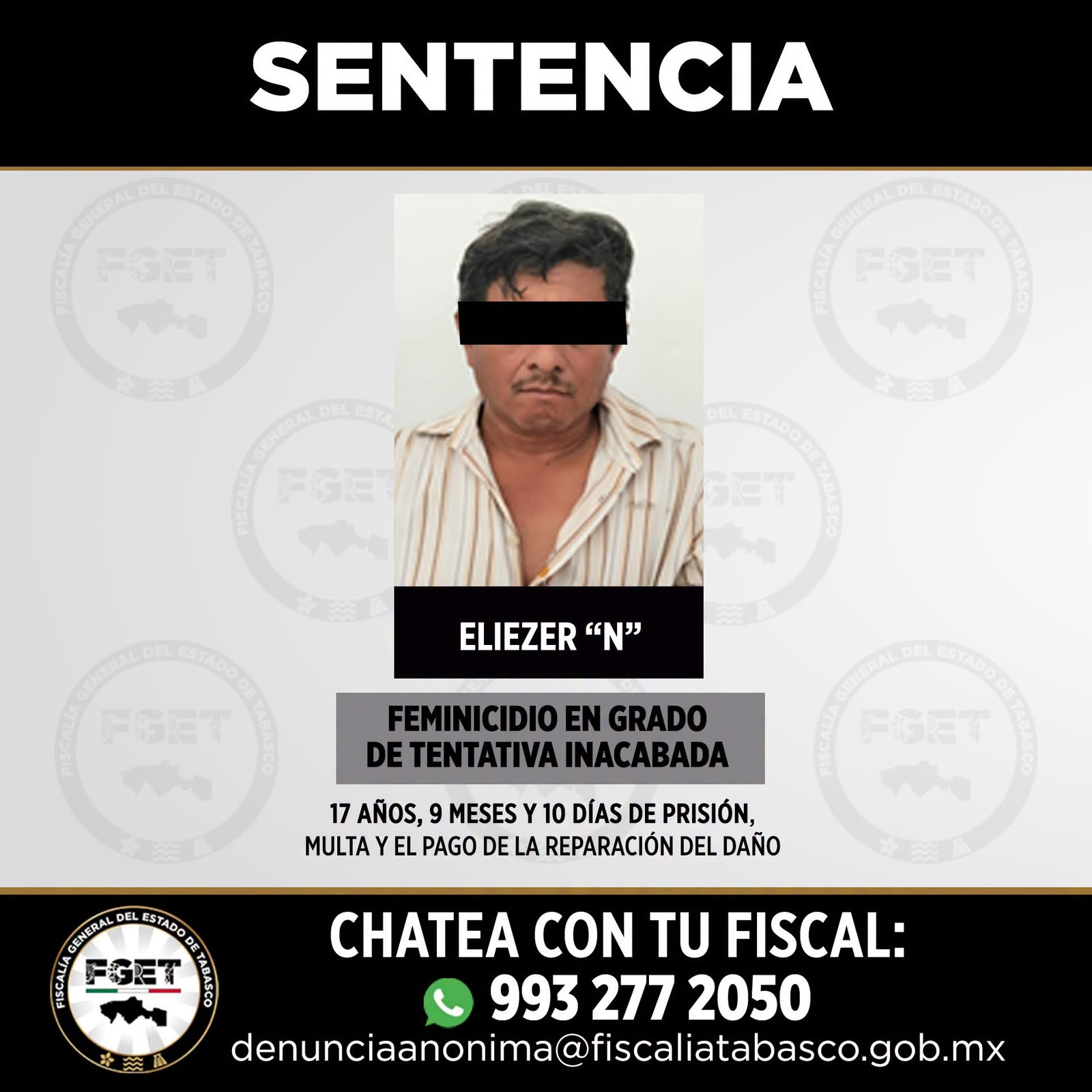 Obtiene Fiscalía de Tabasco condena de casi 18 años por tentativa de feminicidio